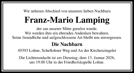 Anzeige von Franz-Mario Lamping von OM-Medien
