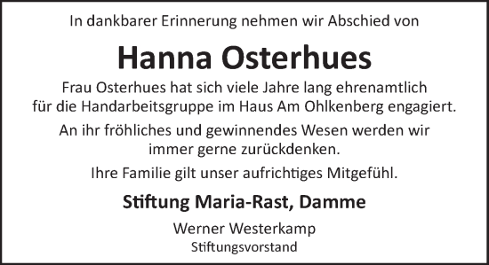 Anzeige von Hanna Osterhues von OM-Medien