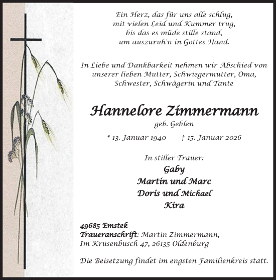 Anzeige von Hannelore Zimmermann von OM-Medien