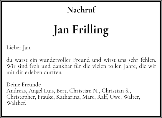 Anzeige von Jan Frilling von OM-Medien