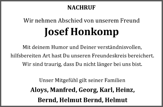 Anzeige von Josef Honkomp von OM-Medien