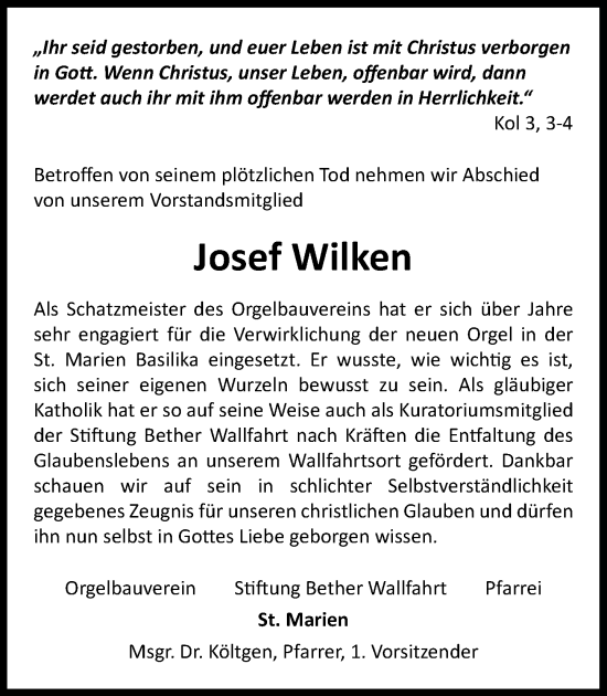 Anzeige von Josef Wilken von OM-Medien