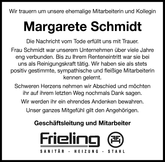 Anzeige von Margarete Schmidt von OM-Medien