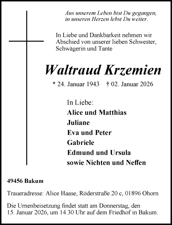 Anzeige von Waltraud Krzemien von OM-Medien