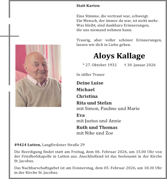 Anzeige von Aloys Kallage von OM Medien