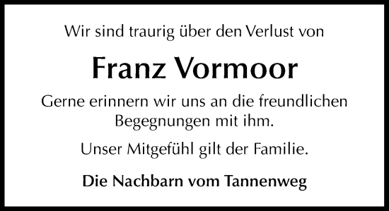 Anzeige von Franz Vormoor von OM-Medien