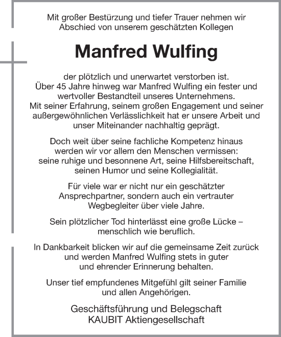 Anzeige von Manfred Wulfing von OM-Medien